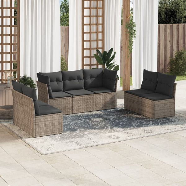 vidaXL 7-teilig Garten-Sofagarnitur mit Kissen Grau Poly Rattan, 3217410
