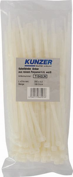 Kunzer Kabelbinder 200 x 4,8 weiß (100 Stück) lösbar, 71042LW