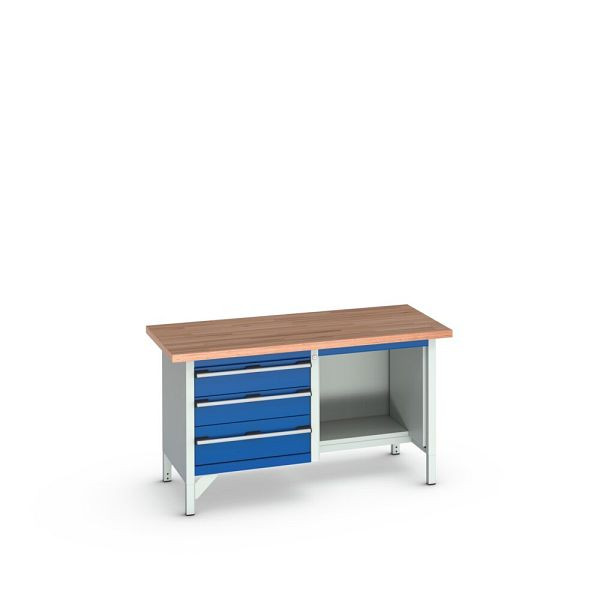 bott cubio Kastenwerkbank mit 3 Schubladen, Rotbuche-Arbeitsplatte, BxTxH: 1500x750x840mm, RAL 7035/5010, Enzianblau, 41002041.11V