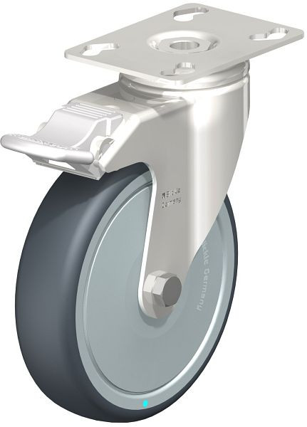 Blickle LKPXA-TPA 126KD-FI-FK Edelstahl-Apparate-Lenkrolle mit Anschraubplatte & Feststeller, Thermoplastisches Gummi-Elastomer, Grau, 574707