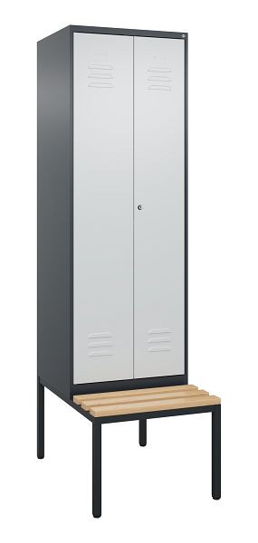 C+P Umkleidespind Classic PLUS, 2 Abteile, 2120x600x815mm, 7016/7035, Zylinderschloss, mit untergebauter Sitzbank, Buche-Sitzleisten, 0800527-20P S10057