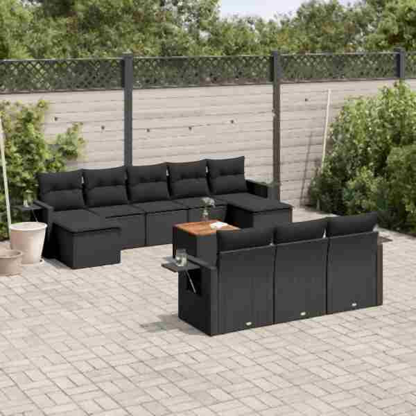 vidaXL 11-tlg. Garten-Sofagarnitur mit Kissen Schwarz Poly Rattan, UV-beständig, 3257112