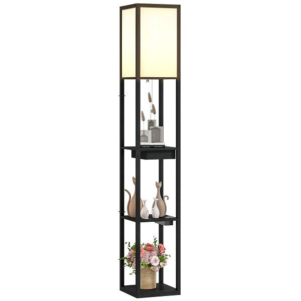 HOMCOM Stehlampe mit 3-stufigem Regal, Fußschalter, USB-Anschlüssen, MDF, Schwarz, B31-526V90BK