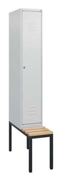 C+P Umkleidespind Classic PLUS, mit untergebauter Sitzbank, 1950x300x815mm, 7035/7035, Zylinderschloss, Buche-Sitzleisten, 0800505-10 S10024