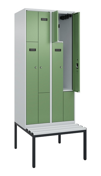 C+P Z-Spind Evolo PLUS, Bank, 4 Fächer, 2120x800x815mm, 7035/6011, Zylinderschloss, Sitzfläche Kunststoff, Sitzbank, 0490537-224 S10091