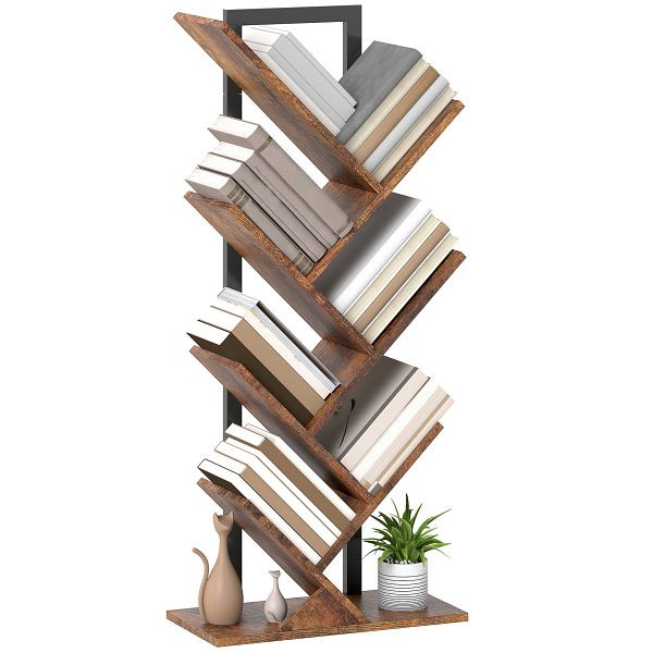 HOMCOM Bücherregal Standregal mit 7 Ebenen Schmal Regal im Baumform für Büro, Rustikal Braun, 836-616V91RB
