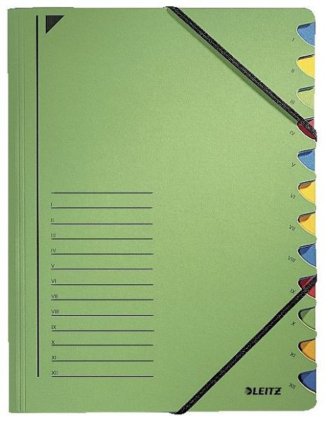 LEITZ 3912 Ordnungsmappe, 12 Fächer, A4, Pendarec-Karton (RC), 430 g/qm, grün, 3912-00-55