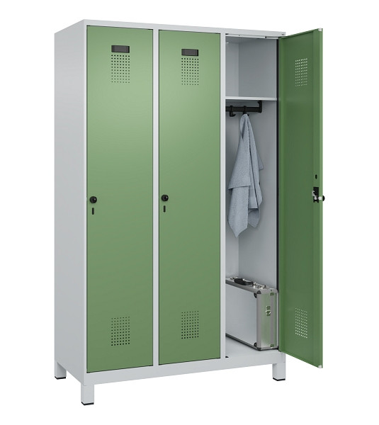 C+P Spind Evolo PLUS, mit Füßen, 3 Abteile, 1950x1200x500mm, 7035/6011, Verschluss Drehriegel, Ablageböden 3, 049010-32 S10010