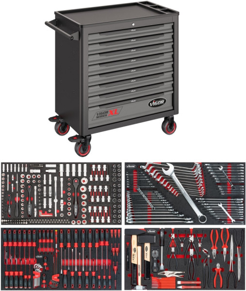 VIGOR Werkstattwagen VIGOR 1000 XL mit Kunststoff Arbeitsplatte, Gesamtlänge: 907 mm, Anzahl Werkzeuge: 375, V4542