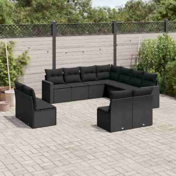 vidaXL 11-tlg. Garten-Sofagarnitur mit Kissen Schwarz Poly Rattan, UV-beständig, 3219115