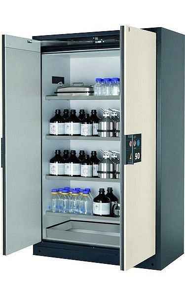 asecos Sicherheitsschrank Q-PEGASUS-90, Q90.195.120.WDAC in reinweiß RAL 9010 mit 4x Fachboden (Edelstahl), 30002-050-30011