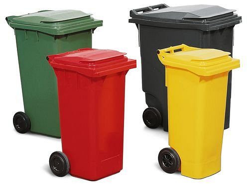 DENIOS Fahrbare Großmülltonne aus Kunststoff, 240 Liter Volumen, rot, 116201