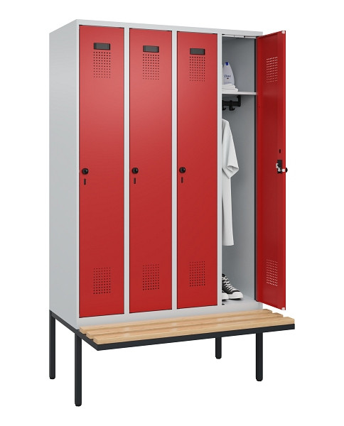 C+P Spind Evolo PLUS, 4 Abteile, 2120x1200x815mm, 7035/3000, Haken 3, Drehriegel, Sitzfläche Holz, 0490407-40 S10003