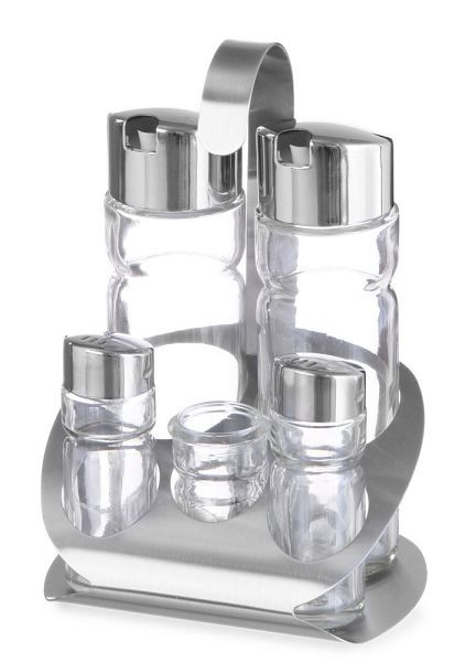 Hendi Menage Set, Fünfteilig - Pfeffer, Salz, Öl, Essig, Zahnstocherhalter, LxBxH: 130x110x185 mm, 465363