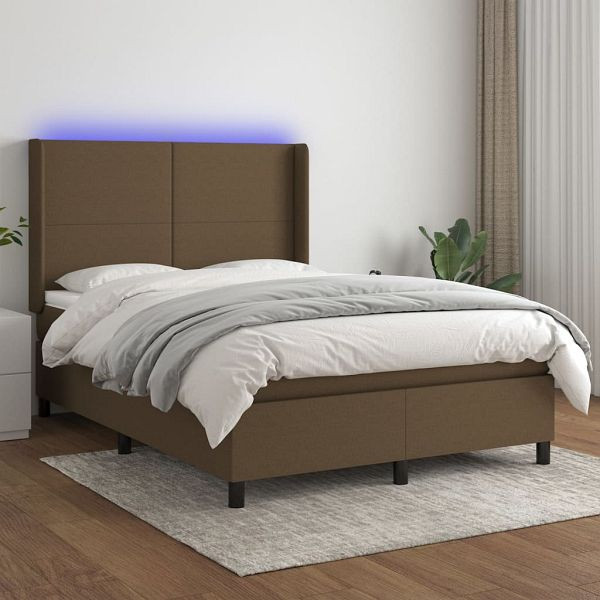 vidaXL Boxspringbett mit Matratze & LED Dunkelbraun 140x200 cm Stoff, 3138160