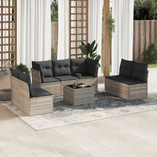 vidaXL 8-tlg. Garten-Sofagarnitur mit Kissen Hellgrau Poly Rattan, 3217422