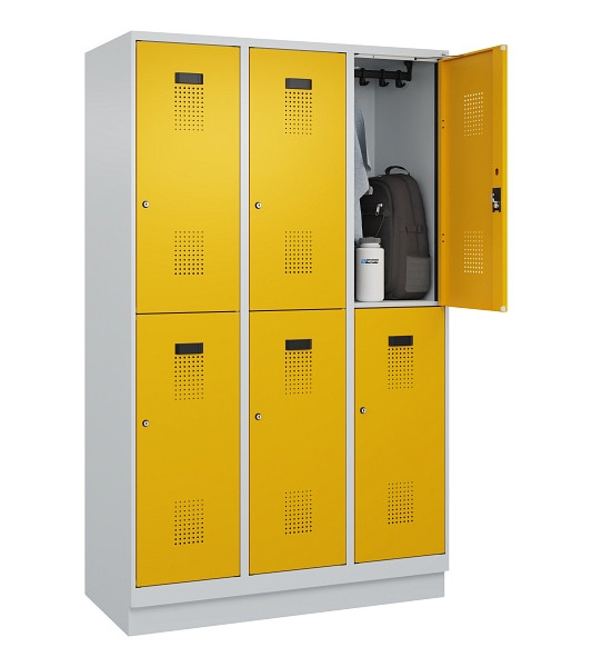 C+P Doppelstöckiger Spind Evolo PLUS, mit Sockel, 6 Fächer, 1950x1200x500mm, 703, Frontfarbe RAL 1004 Goldgelb, Zylinderschloss, 049320-32 S10027