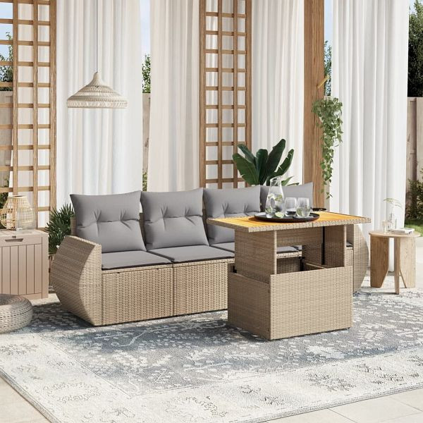 vidaXL 5-teilig Garten-Sofagarnitur mit Kissen Beige Poly Rattan, 3272074