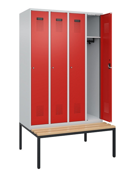 C+P Spind Evolo PLUS, 4 Abteile, 2120x1200x815mm, 7035/3020, Haken 3, Zylinderschloss, Sitzfläche Buche-Hartholz, Sitzbank, 0490507-40 S10032