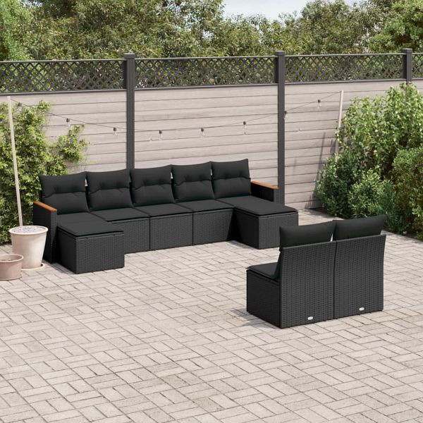 vidaXL 9-tlg. Garten-Sofagarnitur mit Kissen Schwarz Poly Rattan, 3226370