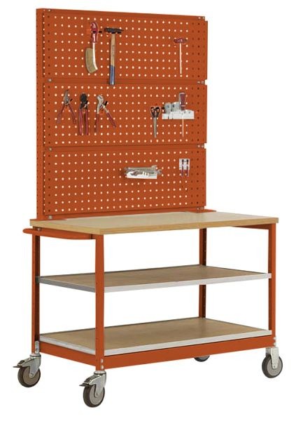 Manuflex Mobile Werkbank Modell 3 mit geölter Multiplex-Abdeckplatte 30 mm BxTxH 1135 x 590 x 810 mm, rotorange, MW2011.2001