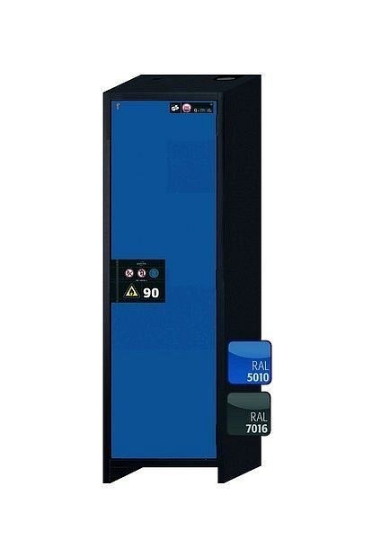 asecos Sicherheitsschrank Q-CLASSIC-90, Q90.195.060.R in enzianblau RAL 5010 mit 4x Auszugswanne Standard (Edelstahl), 30073-047-33424