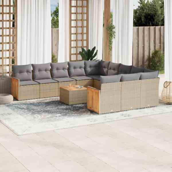 vidaXL 13-tlg. Garten-Sofagarnitur mit Kissen Beige Poly Rattan, UV-beständig, 3258993