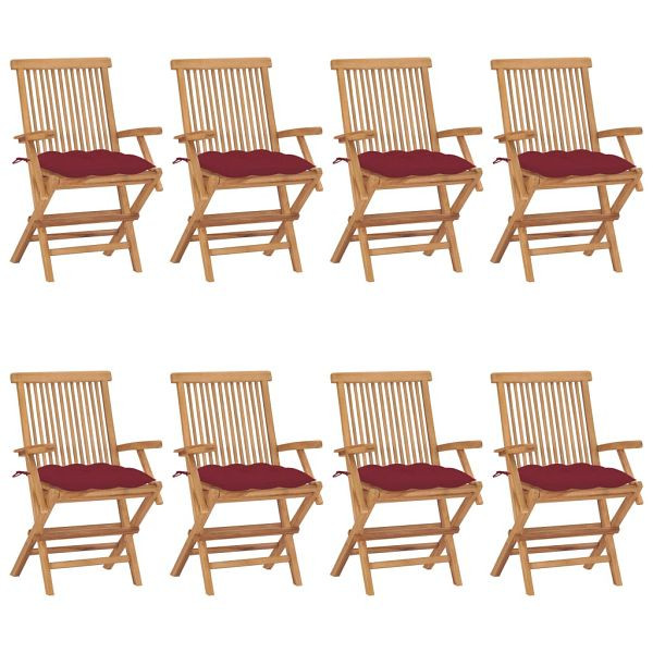 vidaXL Gartenstühle mit Weinroten Kissen 8 Stück Massivholz Teak, 3072913