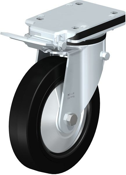 Blickle LK-POEV 200R-IS-FA Stahlblech-Lenkrolle, mittelschwere Ausführung, mit Anschraubplatte & Feststeller, Elastik-Vollgummi, Schwarz, 750392