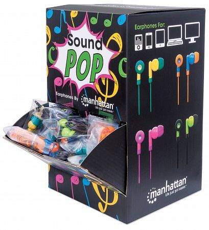 MANHATTAN SoundPOP Thekendisplay für in-Ear-Kopfhörer, 40 einzeln verpackte Kopfhörer, grün/gelb, blau/orange, pink/lila und schwarz/grün, 178822