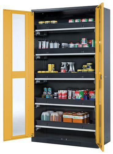 asecos Chemikalienschrank Systema-T CS-105G, Korpus anthrazit, Flügeltüren gelb, 5 Tablarauszüge, 208982