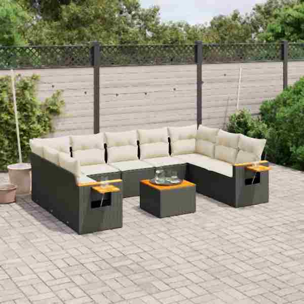 vidaXL 10-tlg. Garten-Sofagarnitur mit Kissen Schwarz Poly Rattan, UV-beständig, 3259522