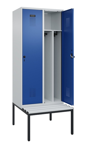 C+P Spind Evolo PLUS, 2 Abteile, 2120x800x815mm, 7035/5010, Haken 4, Drehriegel, Sitzfläche Kunststoff, Sitzbank, Trennwand, 0490507-22F S10060