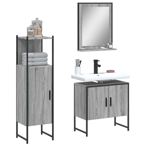 vidaXL 3-teilig Badmöbel-Set Grau Sonoma Holzwerkstoff, 3214347