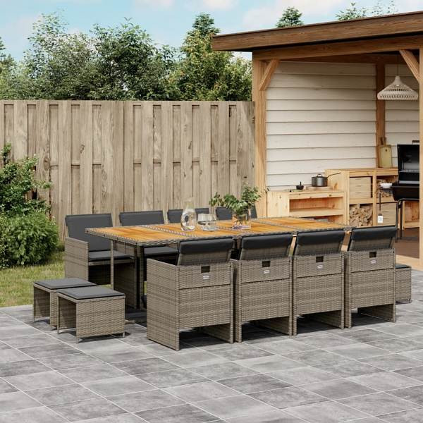 vidaXL 13-tlg. Garten-Essgruppe mit Kissen Grau Poly Rattan, UV-beständig, 3277753
