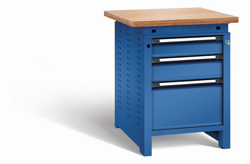 Otto Kind Werkbank Serie function Typ 106, Multiplexplatte, überstehend, 3 Schubladen, mit Zentralverschluss, komplett RAL 5010, 072323213