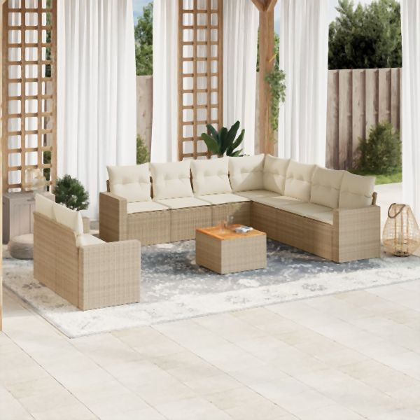 vidaXL 10-tlg. Garten-Sofagarnitur mit Kissen Beige Poly Rattan, 3256520