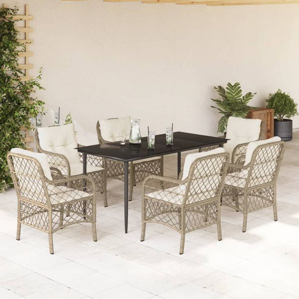 vidaXL 7-teilig Garten-Essgruppe mit Kissen Beige Poly Rattan, 3212142