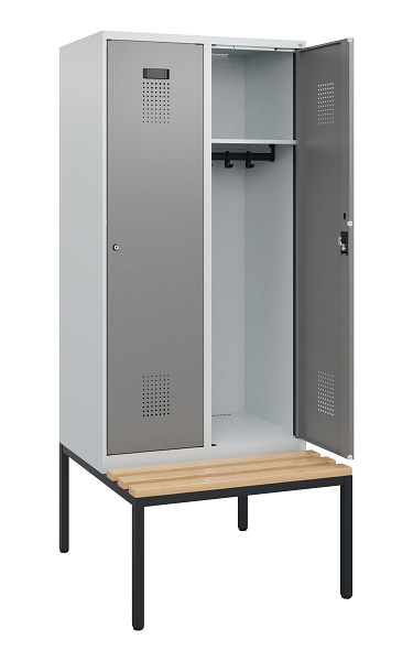C+P Spind Evolo PLUS, 2 Abteile, 1950x800x815mm, 7035/0004, Zylinderschloss, Sitzfläche Buche-Hartholz, Sitzbank, 0490505-22 S10041