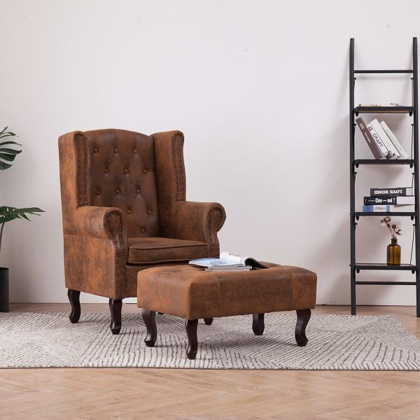 vidaXL Chesterfield-Sessel und Fußhocker Braun Wildleder-Optik, 281277