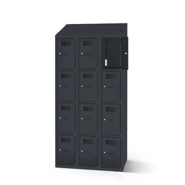 Rotstahl Fächerschrank, 12 Fächer, Stollenfüße, mit Ladefunktion, Schrägdach, Korpus: anthrazitgrau, Türen: anthrazitgrau, 2180-030400-1202112-7016-7016