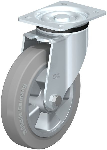 Blickle LK-ALEV 200K-SG Stahlblech-Lenkrolle, schwere Ausführung, mit Anschraubplatte, Elastik-Vollgummi, Grau, 396267