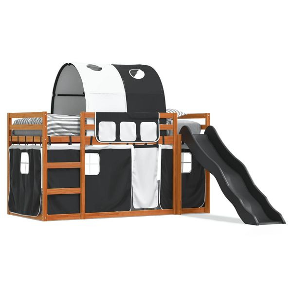 vidaXL Etagenbett mit Rutsche und Gardinen Weiß und Schwarz 90x200 cm, 3284140