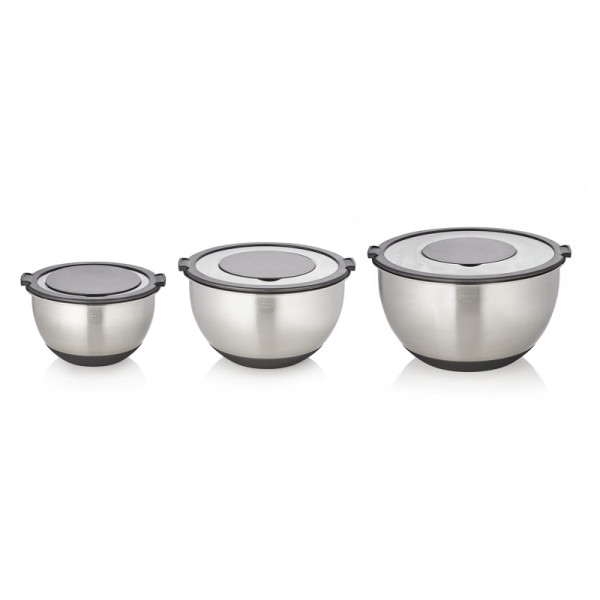 WAS Schüssel Set, 3-teilig, Ø 11/13/15 cm, 3 Aufsätze, rutschhemmender Boden, Chromnickelstahl, Silikon, 1712003