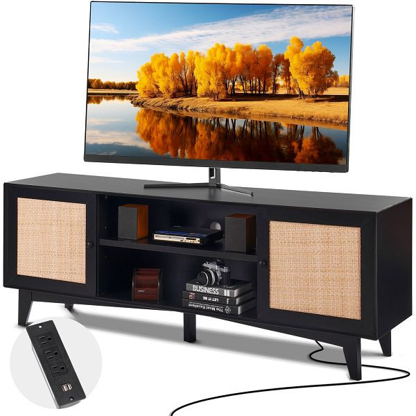 VEVOR Rattan-TV-Ständer 191cm Fernseher Boho-TV-Schrank Fernsehschrank Schwarz, TBDSJ66INCHEQ0NLRV2