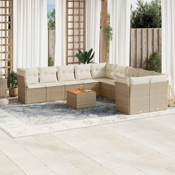 vidaXL 11-tlg. Garten-Sofagarnitur mit Kissen Beige Poly Rattan, 3256184