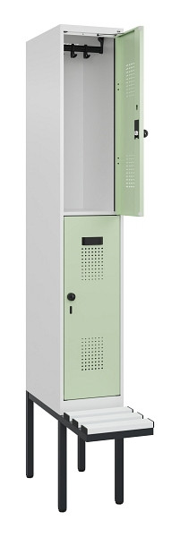 C+P Doppelstock-Spind Evolo PLUS, Bank, 2 Fächer, 2120x300x815mm, 9016/6019, Drehriegel, Sitzfläche Kunststoff, 0493407-10 S10100
