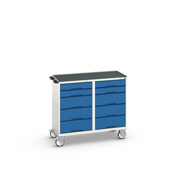 bott verso Montagewagen, mit 10 Schubladen und Abrollrand, BxTxH: 1050 x 550 x 965 mm, Lichtgrau / Enzianblau, 16927102.11