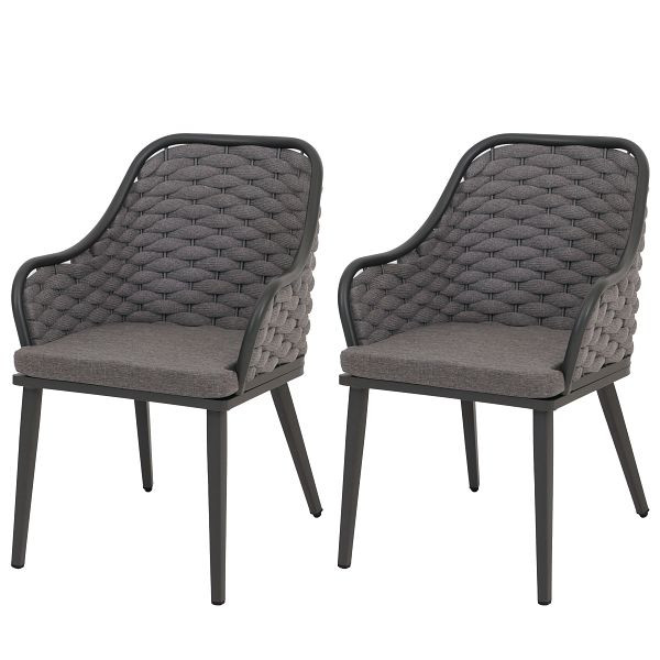 Mendler 2er-Set Aluminium-Gartenstuhl HWC-O16, Outdoor Stuhl, Olefin (200 g/m²) Seilgeflecht Rope, anthrazit Kissen dunkelgrau, 110761