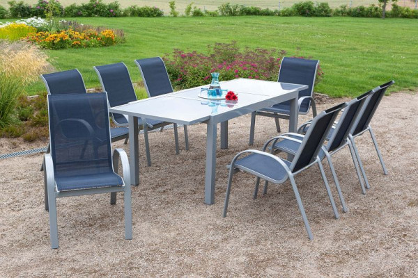 Merxx Amalfi Set 9-teilig, 8 Amalfi Stapelsessel, 1 Ausziehtisch 180 (240) x 100 cm, graue Glasplatte, silber/marineblau, 50338-313